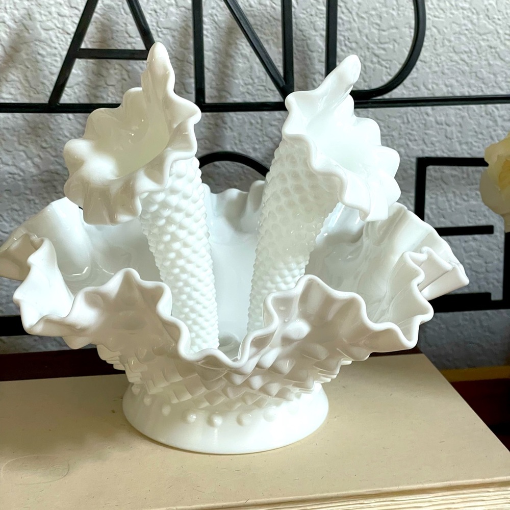 Vintage Fenton Hobnail Milk Glass Epergne 2 Horns